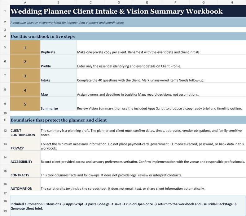 May include: A digital spreadsheet titled Wedding Planner Client Intake & Vision Summary Workbook. It features a five-step guide for planners, including sections for Duplicate, Profile, Intake, Map, and Summarise, plus boundaries for client privacy.