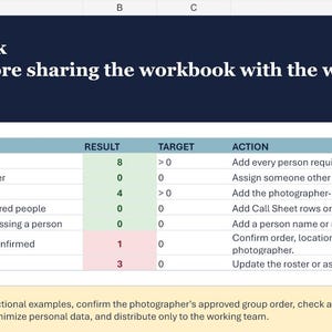 May include: A spreadsheet titled Quality Check with a dark blue header and rows detailing wedding-day team tasks. The table includes columns for check, result, target, and action, with numerical data in green and red cells indicating status updates.