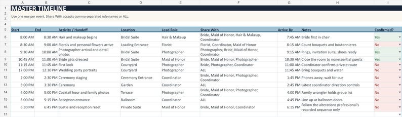 May include: A digital spreadsheet titled MASTER TIMELINE with columns for Start, End, Activity, Location, Lead Role, Share With, Arrive By, Notes, and Confirmed. The table lists wedding day events from 8:00 AM to 6:45 PM with specific tasks.