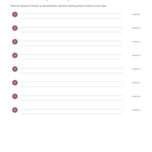 May include: A white document titled Professional sequence capture by Bridal Backstage Co. featuring eight numbered rows with lines for writing steps and corresponding photo numbers, ending with the text Wedding Dress Final Fitting Capture Kit.