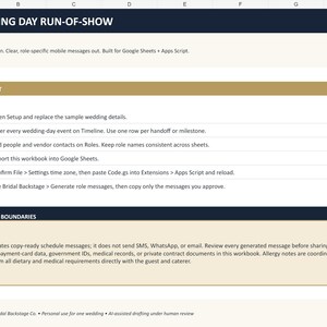 K&ouml;nnte beinhalten: Eine digitale Tabellenkalkulation mit dem Titel Wedding Day Run-of-Show und einer Schnellstartanleitung, nummeriert von eins bis sechs. Sie enth&auml;lt Anweisungen f&uuml;r Google Sheets und Apps Script sowie einen Abschnitt zu wichtigen Grenzen.