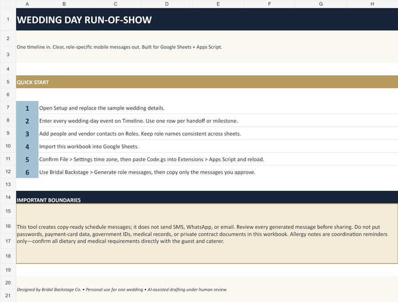 K&ouml;nnte beinhalten: Eine digitale Tabellenkalkulation mit dem Titel Wedding Day Run-of-Show und einer Schnellstartanleitung, nummeriert von eins bis sechs. Sie enth&auml;lt Anweisungen f&uuml;r Google Sheets und Apps Script sowie einen Abschnitt zu wichtigen Grenzen.