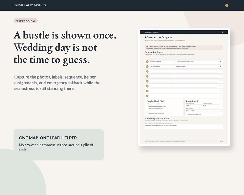 May include: A digital document titled Bridal Backstage Co. featuring the text A bustle is shown once. Wedding day is not the time to guess. It includes a Connection Sequence form with checkboxes, a Completed Bustle Check, and a Practice Record section.