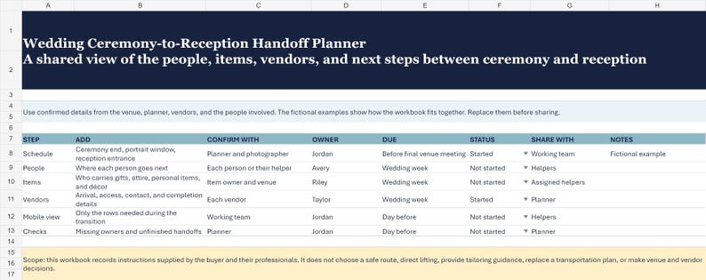 以下が含まれることがあります： Wedding Ceremony-to-Reception Handoff Plannerというタイトルのデジタルスプレッドシート。このドキュメントには、ステップ、追加、確認先、所有者、期限、ステータス、共有先、メモの列があり、結婚式の移行とベンダー調整のロジスティクスを整理しています。