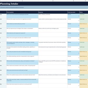 May include: A 40-Point Planning Intake spreadsheet with columns for section, client question, response, follow-up owner, status, and sensitivity. The table features a dark blue header, light blue rows, and colour-coded status cells in green and yellow.