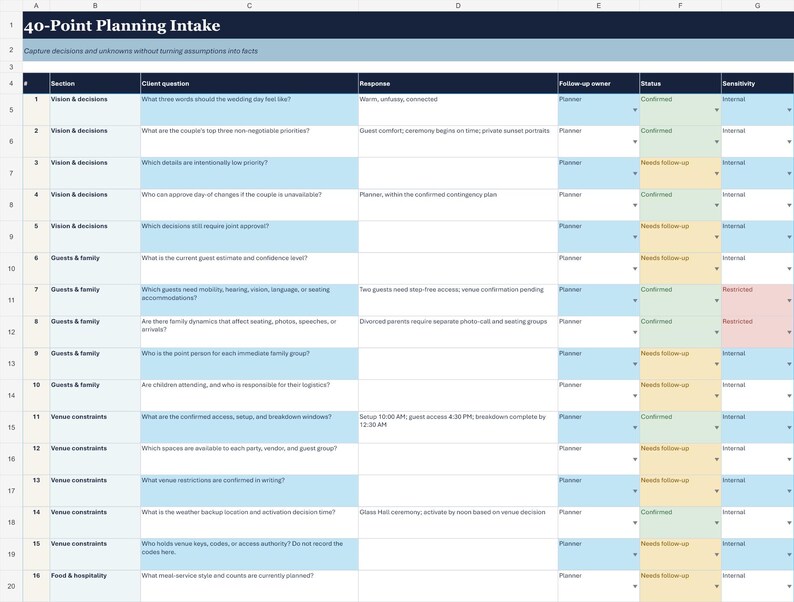 May include: A 40-Point Planning Intake spreadsheet with columns for section, client question, response, follow-up owner, status, and sensitivity. The table features a dark blue header, light blue rows, and colour-coded status cells in green and yellow.