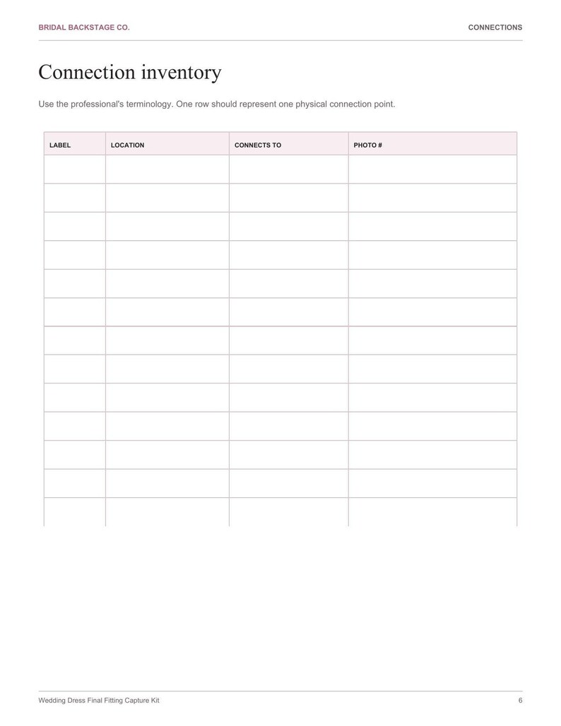May include: A white document page titled Connection inventory by Bridal Backstage Co. The page features a table with four columns labeled Label, Location, Connects To, and Photo #, designed for recording physical connection points in a wedding dress.