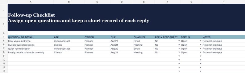 以下が含まれることがあります： Follow-up Checklistというタイトルのデジタルスプレッドシート。サブタイトルはAssign open questions and keep a short record of each reply。表にはQuestion or Detail、Ask、Owner、Due、Channel、Reply Recorded、Status、Notesの列が含まれています。