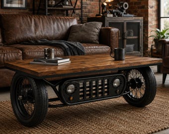 Jeep-Inspired Automotive Coffee Table, Wood & Metal, Motorcycle Wheels, Industrial Garage Furniture