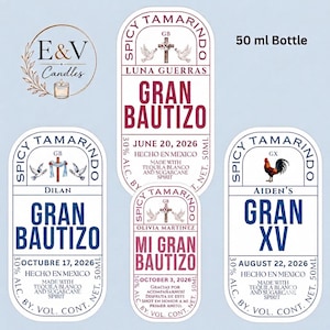 May include: Four rectangular labels for 50 ml bottles with rounded corners. The labels feature text including Spicy Tamarindo, Gran Bautizo, Gran XV, dates, and names like Luna Guerras, Dilan, Olivia Martinez, and Aiden's. Graphics include crosses, doves, and a rooster.