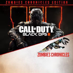 Puede incluir: Portada del videojuego Call of Duty Black Ops III Zombies Chronicles Edition con un soldado con armadura táctica y casco. El texto dice Zombies Chronicles Edition y Call of Duty Black Ops III con un gráfico de una mano.