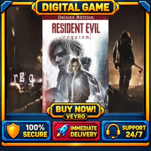 May include: A digital game product listing for Resident Evil Requiem Deluxe Edition. The central graphic features a character portrait and a figure holding an axe. Text includes DIGITAL GAME, BUY NOW, VEYRO, 100% SECURE, IMMEDIATE DELIVERY, and SUPPORT 24/7.