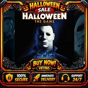 Puede incluir: Un gráfico promocional para Halloween The Game con una figura central que lleva una máscara blanca. El texto dice Halloween Sale, Halloween The Game, Buy Now, Veyro, 100% Secure, Immediate Delivery y Support 24/7 con iconos de calabazas.
