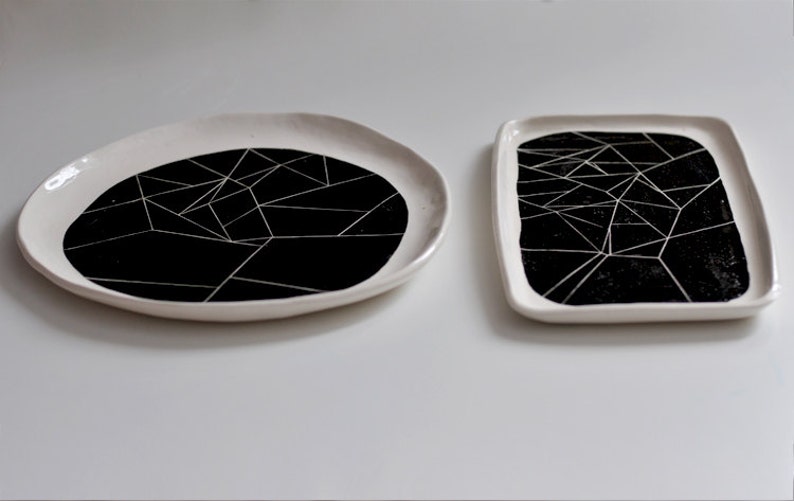 BW white ceramic plate with black geometry ornament abstract pattern contemporary minimalism style black and white