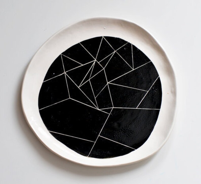 BW white ceramic plate with black geometry ornament abstract pattern contemporary minimalism style black and white