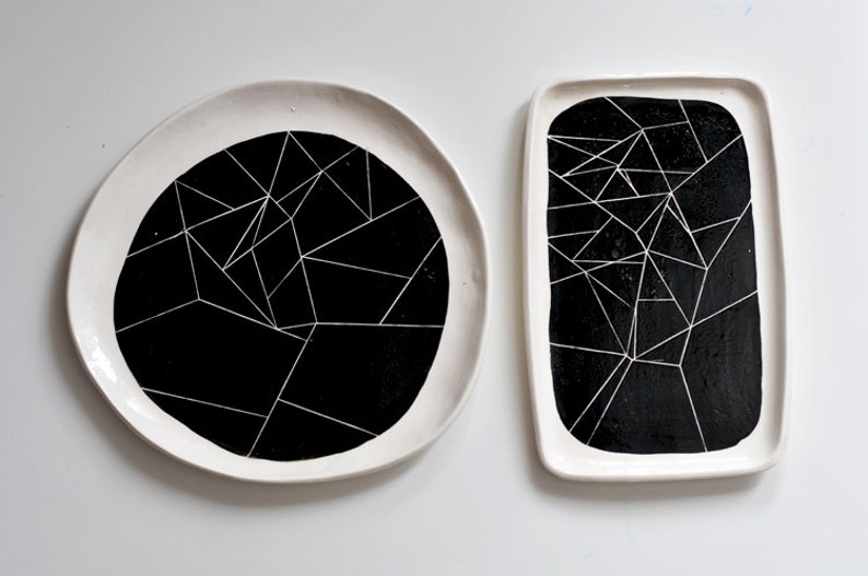 BW white ceramic plate with black geometry ornament abstract pattern contemporary minimalism style black and white