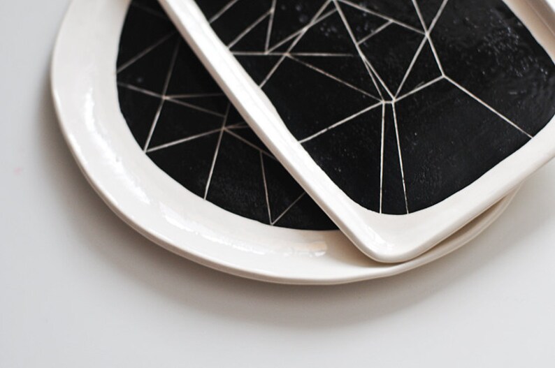 BW white ceramic plate with black geometry ornament abstract pattern contemporary minimalism style black and white