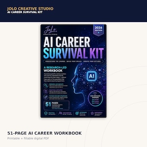 Puede incluir: Un libro de trabajo de 51 páginas AI Career Survival Kit edición 2026 con fondo azul oscuro, una silueta de perfil humano digital, patrones de circuitos y texto blanco que detalla investigaciones, actividades prácticas y estrategias.