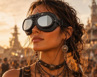 Black Steampunk Festival Goggles, Mirrored Rave Glasses, Cosplay Party Eyewear
