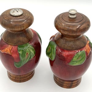 May include: A pair of salt and pepper shakers featuring a rounded red apple-shaped body with green leaves and a dark brown wooden top and base. One shaker has a silver metal cap with holes, while the other has a silver metal knob on top.