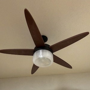 May include: A ceiling fan featuring five dark brown wooden blades attached to a central black motor housing. A circular, ribbed, translucent glass light fixture is mounted directly beneath the motor, centered between the fan blades.