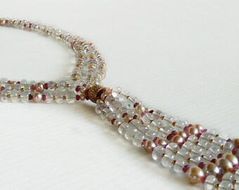 Natural Ice quartz and saltwater pearl tassel necklace, Paved Diamond bead, Statement tassel necklace with Pink Tourmaline