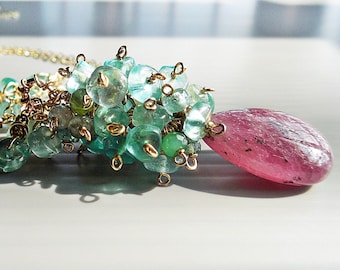 Pink Sapphire pendant with cluster of Green Apatite beads, September birthstone pendant, Gold Filled chain necklace