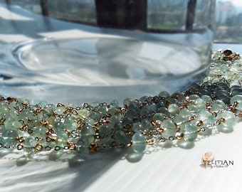 Moss Aquamarine layered necklace, Aquamarine statement necklace, with Yellow Gold filled beads and chains