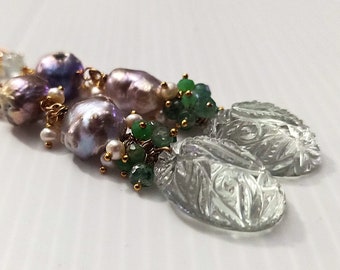 Green Amethyst earrings, Carved Green Amethyst long earrings, Rosebud pearls with Aquamarine, Saltwater pearls and Emerald