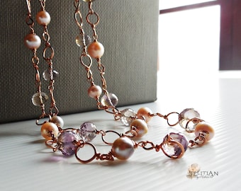 Ametrine and Saltwater pearl long necklace, Rose Gold filled long necklace, Beaded choker necklace, handmade chain necklace