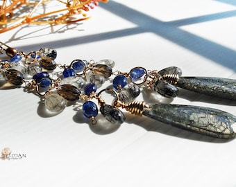 Pyrite and Blue Sapphire Boho elongated earrings, Black Rutilated quartz , Yellow Gold filled long earrings