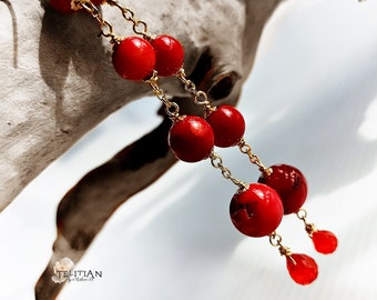 Red Coral long earrings Waterfall long Coral earrings with Yellow Gold filled Minimalist red earrings