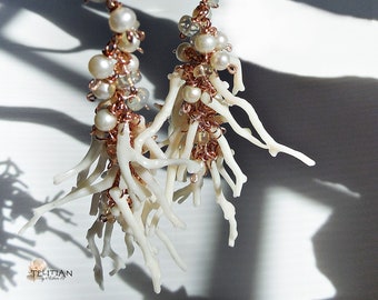 White Coral branch long earrings with saltwater pearls, Ethiopian Opal and Rose Gold Filled, White Coral dangle earrings