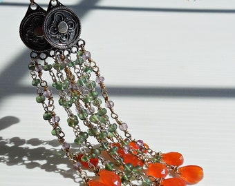 Green Apatite and Carnelian chandelier earrings, with Pink Amethyst, Yellow Gold filled and Oxidized Sterling Silver