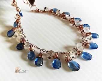 Blue Kyanite and Black Rutilated quartz charm bracelet, Rose Gold filled charm bracelet, Gemstone dangle bracelet