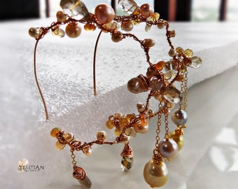 South Sea and saltwater pearl cluster hoop earrings, with Golden Rutile quartz, Ethiopian Opal and Rose Gold filled