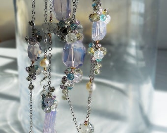 Lavender Quartz long necklace, Black Dot Rutilate Quartz, Aquamarine and Chrome plated Sterling Silver