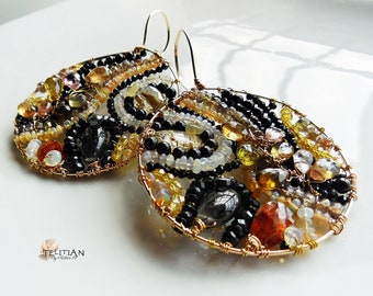 Batik inspired beaded hoop earrings, Boho and Hippie mix gemstones beaded earrings, Large hoop earrings