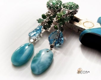 Larimar Dangle Earrings, Topaz Dangle Earrings, Emerald Cluster Earrings, with Sterling Silver Christmas Gift, Festive Season Jewelry