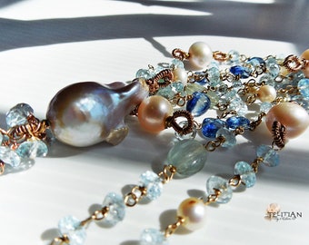 Sky blue Topaz tassel necklace with flameball pearl, carved Aquamarine, Saltwater pearl and Kyanite, Yellow gold filled