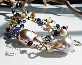 Multi gemstones long necklace with blue Sapphire, Flameball and  Saltwater pearl, Bio Lemon quartz and Mozambique Garnet.