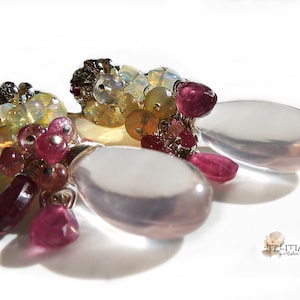 Rosenquarz-Cluster-Ohrringe, Pink Rubin und äthiopischer Opal Cluster-Ohrringe, Sterling Silber Ohrringe