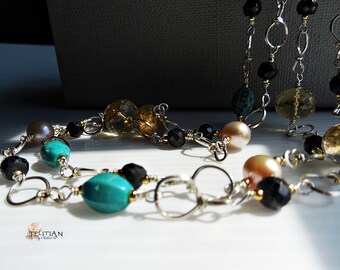 Long multi gemstones necklace Argentium Silver, with Turquoise, Saltwater pearls Cognac Quartz and Black Tourmaline