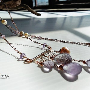 Lavender Amethyst bar dangle necklace with Saltwater pearl, Rose Gold filled, Bridesmaid necklace