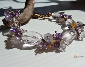 Lavender Amethyst cluster bracelet with Lavender quartz, Ethiopian Opal, purple Amethyst and Gold filled