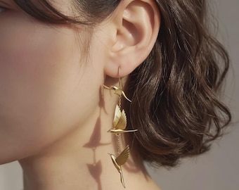 Gold Flying Bird Chinoiserie Tassel Earrings, Nature Inspired Skylark Drop Jewelry