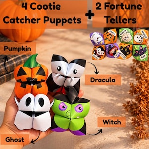 May include: A set of 4 paper cootie catcher puppets featuring pumpkin, Dracula, ghost, and witch designs, plus 2 fortune tellers with ghost, pumpkin, mummy, skeleton, Dracula, witch, black cat, and bat illustrations. Text includes 4 Cootie Catcher Puppets, 2 Fortune Tellers, Pumpkin, Dracula, Witch, and Ghost.
