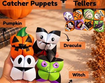 May include: A set of 4 paper cootie catcher puppets featuring pumpkin, Dracula, ghost, and witch designs, plus 2 fortune tellers with ghost, pumpkin, mummy, skeleton, Dracula, witch, black cat, and bat illustrations. Text includes 4 Cootie Catcher Puppets, 2 Fortune Tellers, Pumpkin, Dracula, Witch, and Ghost.
