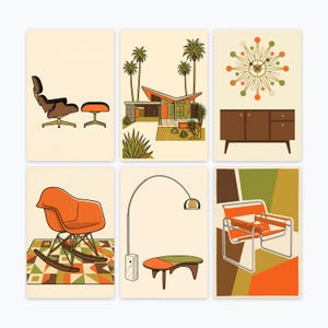 Puede incluir: Un conjunto de seis láminas artísticas con ilustraciones de muebles y arquitectura. Las imágenes incluyen un sillón con reposapiés, una casa con palmeras, un reloj de pared sobre un mueble, una mecedora, una lámpara de pie y una silla.