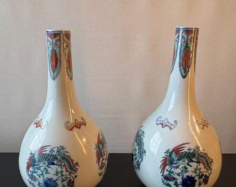Pair Chinese Doucai Style Porcelain Bottle Vases Floral Medallions